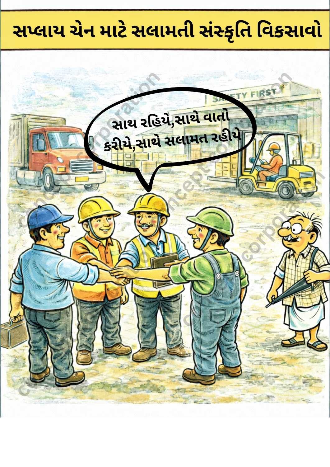 RK Laxman style – Build Safety Culture – A3 paper size (29.7 x 42 cm) – Gujarati