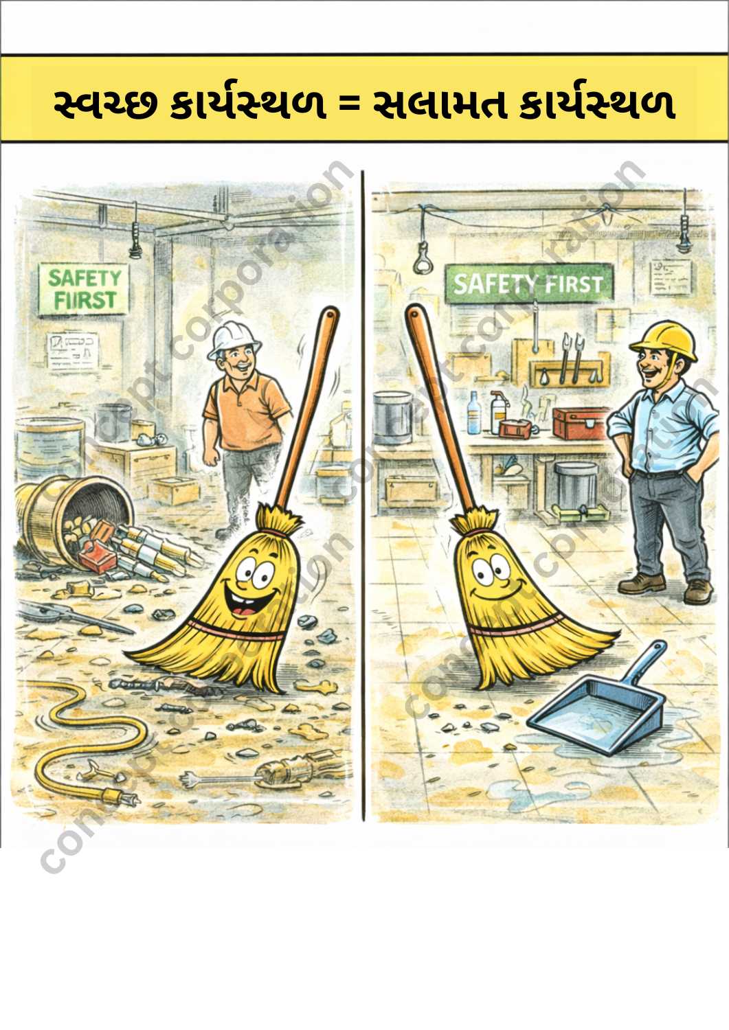 RK Laxman style – Clean Workplace. Safe Workplace – A3 paper size (29.7 x 42 cm) – Gujarati